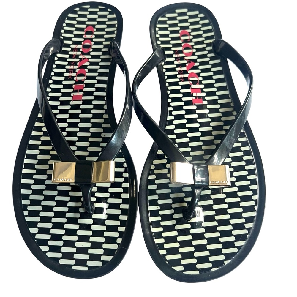 Coach Landon Jelly Flip-Flops Black Gold Bow Logo Sandals Size 6B